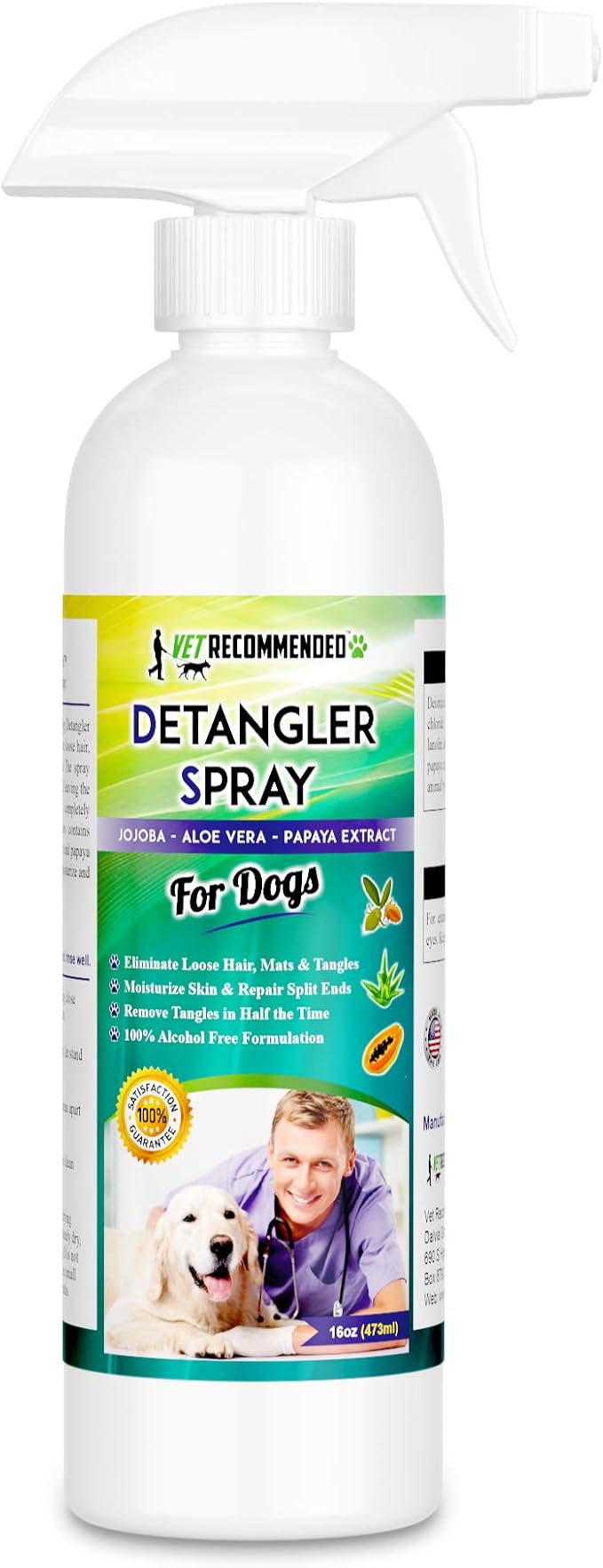 Vet Recommended Dog Detangler Spray & Conditioner – Made from Fresh Natural Extracts of Papaya, Jojoba & Aloe Vera | Eliminate Loose Hair, Remove Matts and Rejuvenate Coat | Made in USA | 16 Oz