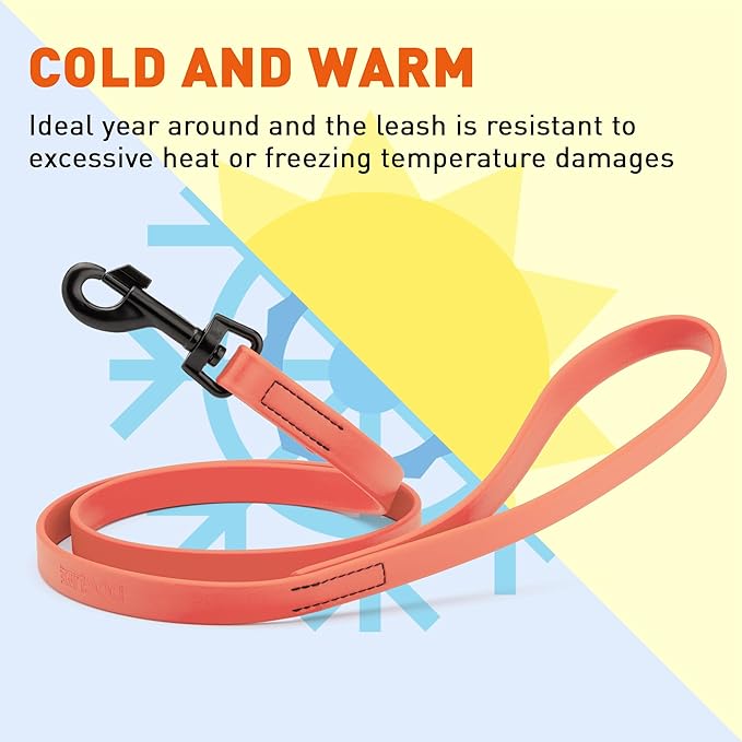 Dogline Biothane Waterproof Dog Leash Strong Coated Nylon Webbing with Black Hardware Odor-Proof Easy to Clean High Performance for Small or Large Dogs Made in USA 4 or 6 ft Lead, Coral