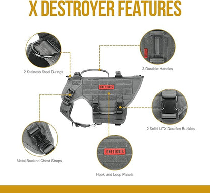 OneTigris Large Tactical Dog Harness, No Pulling Adjustable Dog Vest Harness, Heavy Duty Dog Harness with Handle, Large Hook and Loop Panels for Patch(Grey,S)