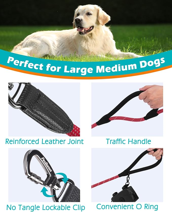 PetBonus Double Handle Rope Dog Leash, 6FT Heavy Duty Training Lead with Lockable Hook and 2 Comfortable Padded Handles, Reflective Walking Nylon Leash for Large Medium Dogs (55-200 lbs, Red)