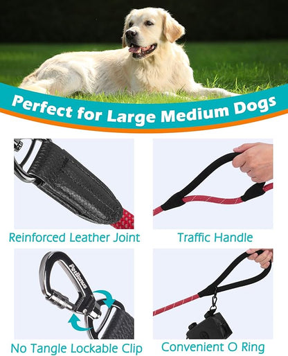 PetBonus Double Handle Rope Dog Leash, 6FT Heavy Duty Training Lead with Lockable Hook and 2 Comfortable Padded Handles, Reflective Walking Nylon Leash for Large Medium Dogs (55-200 lbs, Red)