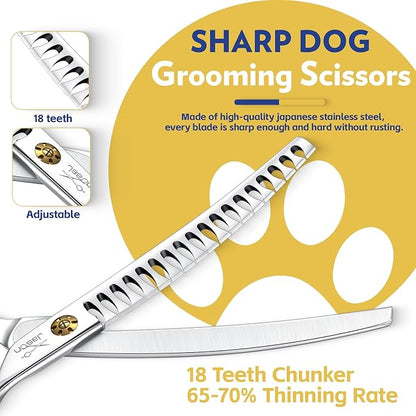 JASON Dog Scissors for Grooming - 7" Up-curved Chunker Shears with 65%-70% Thinning Rate, Professional Japanese 440C Stainless Steel Dog Grooming Chunkers with Adjustable Screw (18 Teeth, Silver) Gift