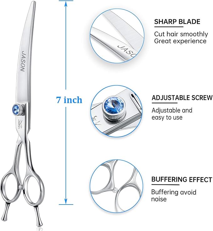 JASON 7" Curved Dog Grooming Scissors, Ergonomic Pets Cats Trimming Shears with Offset Handle and a Jewelled Screw for Right Handed Groomers, Sharp, Comfortable Christmas Gift