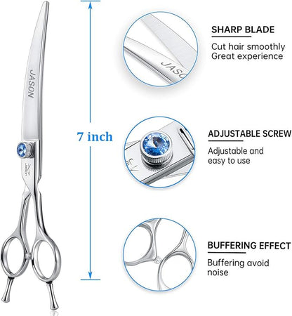 JASON 7" Curved Dog Grooming Scissors, Ergonomic Pets Cats Trimming Shears with Offset Handle and a Jewelled Screw for Right Handed Groomers, Sharp, Comfortable Christmas Gift