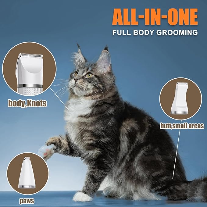 Bautrium Cat Grooming Clippers Kit with Paw Trimmer, 3 in 1 Electric Pet Hair Trimmer Supplies for Thick Matted Hair, Heavy Coat Butt Shaver Cat Razor Fur Trimmer for Dogs at Home (White)