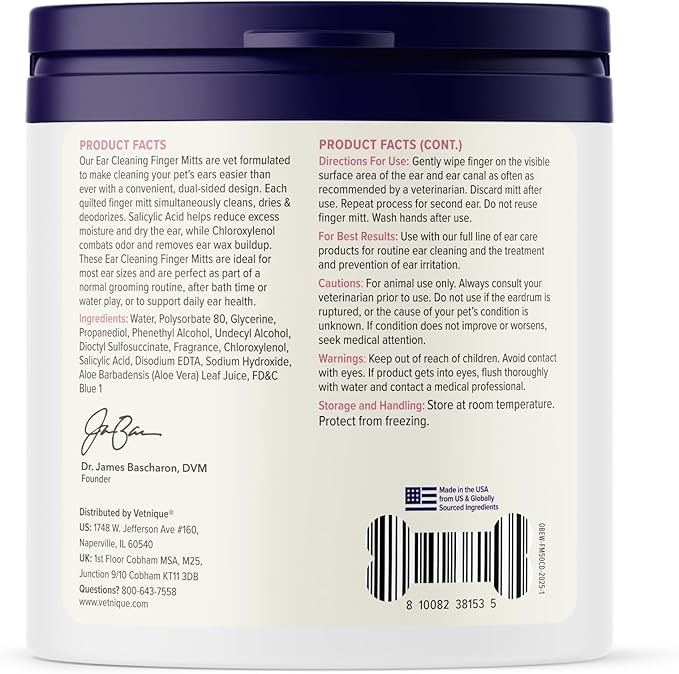 Vetnique Oticbliss Cat & Dog Ear Wipes - Dog Ear Infection Treatment or Dog Ear Cleaner Wipes for Dirty, Waxy, Smelly Dog Ears, Odor Control with Aloe Vera & Salicylic Acid (Finger Mitt Ear Wipes)
