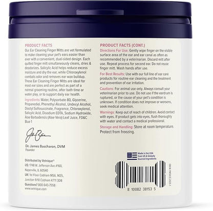 Vetnique Oticbliss Cat & Dog Ear Wipes - Dog Ear Infection Treatment or Dog Ear Cleaner Wipes for Dirty, Waxy, Smelly Dog Ears, Odor Control with Aloe Vera & Salicylic Acid (Finger Mitt Ear Wipes)