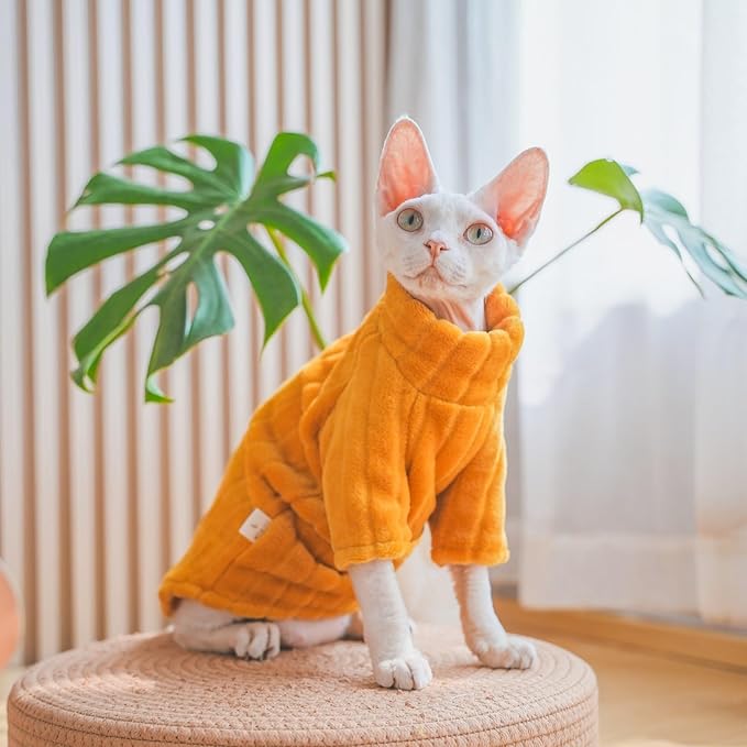 Turtleneck Sweater for Sphynx Cat Soft Coral Fleece Cat Clothes Thick Winter Warm Outfit Coat for Hairless Cats and Small Dogs Apparel with Sleeves (Orange, XL (9-13 lbs))