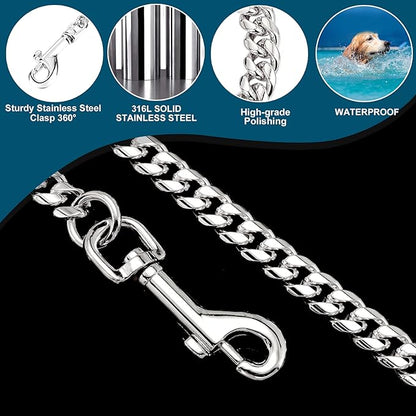 Silver Dog Chain Leash 18K Gold Stainless Steel Cuban Link Dog Leash with Leather Handle for Dogs Collar Chains(4ft/Silver)