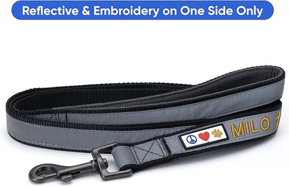 Pawtitas Personalized Black Dog Leash 6 ft Custom ID Lead for Dogs & Puppies Reflective Comfortable Padded Handle Embroidered Name & Phone Number