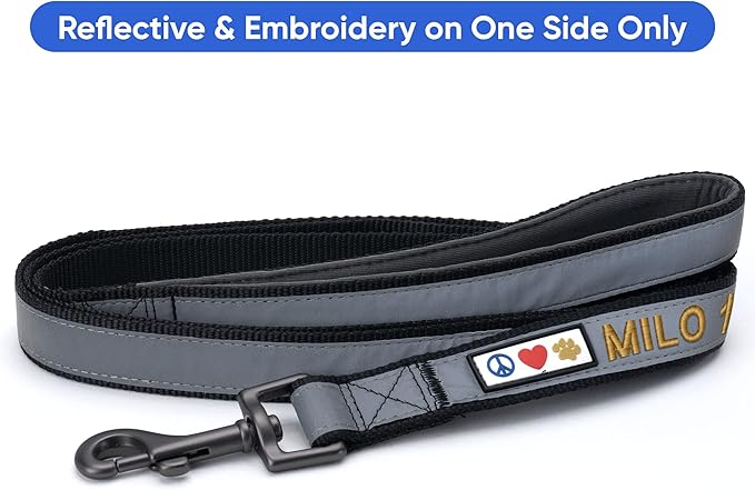 Pawtitas Personalized Black Dog Leash 6 ft Custom ID Lead for Dogs & Puppies Reflective Comfortable Padded Handle Embroidered Name & Phone Number