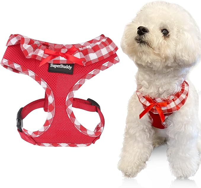 SuperBuddy Upgraded Soft Mesh Dog Harness, Super Breathable Lightweight Pet Harnesses for Puppy Dogs Outdoor Walking, Red Dog Harness -Small