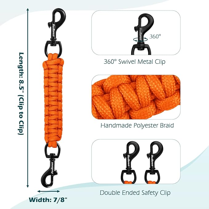 PetBonus Dog Collar Safety Clip, Handmade Backup Safety Strap for Dog Harness, Prong, Pinch Collar, Double Ended Clasp Leash Connector (Orange)