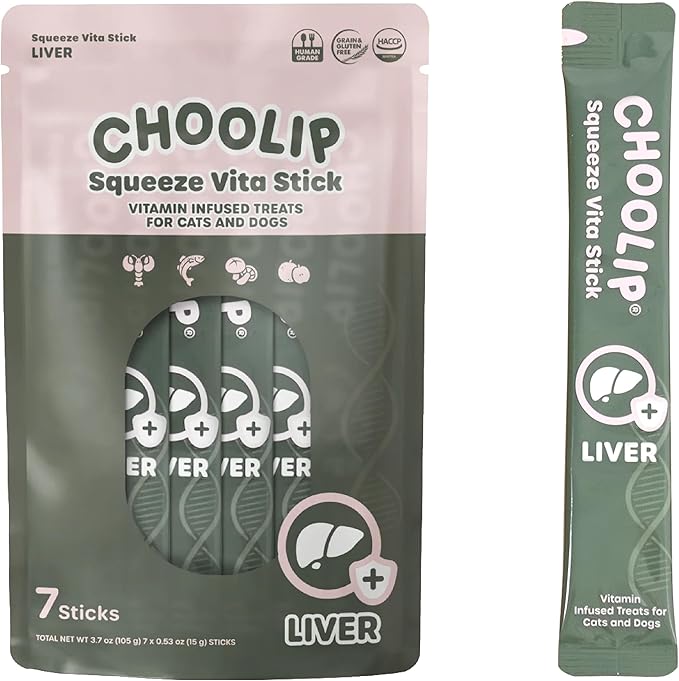 Choolip Squeeze Vita Stick Lickable Cat and Dog Treats, 7-Count Liver Support, Tuna and Chicken with Milk Thistle, CoQ10 and Vitamin E, Vet-Formulated