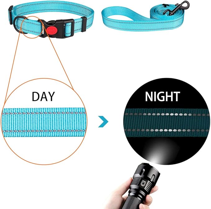 Reflective Dog Collar and Leash Set with Safety Locking Buckle Nylon Pet Collars Adjustable for Small Medium Large Dogs 3 Sizes(M)