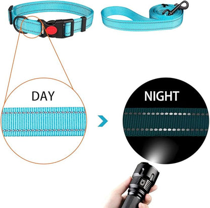 Reflective Dog Collar and Leash Set with Safety Locking Buckle Nylon Pet Collars Adjustable for Small Medium Large Dogs 3 Sizes(M)