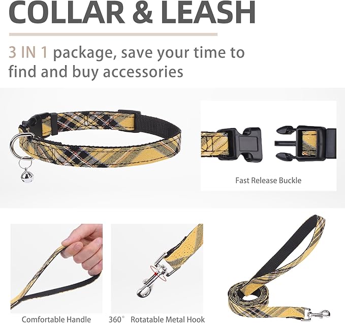 PUPTECK Adjustable Dog Harness Collar and Leash Set Step in No Pull Pet Harness for Small Medium Dogs Puppy and Cats Outdoor Walking Running, Soft Mesh Padded Reflective Vest Harnesses, Yellow, S