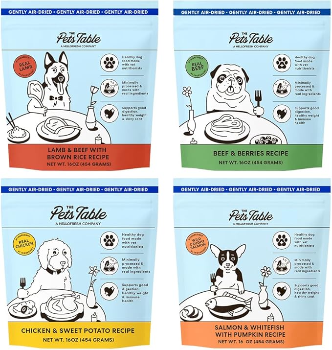 The Pets Table - Air Dried Dog Food Sampler 4 Pack - 16 Ounce Bags of Each: Beef & Berries, Chicken & Sweet Potato, Salmon & Whitefish, and Lamb & Beef - 16 Ounce (Pack of 4)