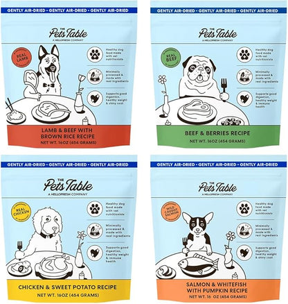 The Pets Table - Air Dried Dog Food Sampler 4 Pack - 16 Ounce Bags of Each: Beef & Berries, Chicken & Sweet Potato, Salmon & Whitefish, and Lamb & Beef - 16 Ounce (Pack of 4)