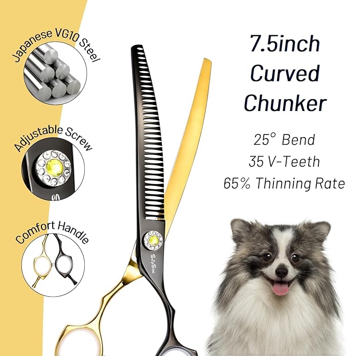 7.5in 25° Curved Thinning Shears for Dog Grooming Scissors, High-end Dog Trimming Scissors, 35 Teeth Chunker, Japan VG10 Steel Sharp, Ergonomic Professional Pet Shears for Dogs Cats Face Paws Groomer