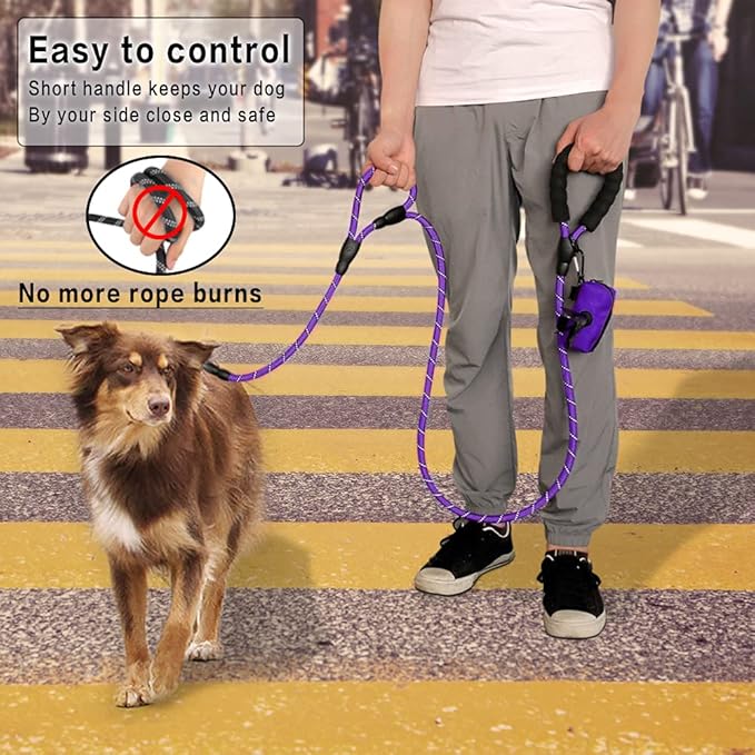 PLUTUS PET Rope Dog Leash 6ft Long,Traffic Padded Two Handle,Heavy Duty,Reflective Double Handles Lead for Control Safety Training,Leashes for Large Dogs or Medium Dogs,Dual Handles Leads(Violet)