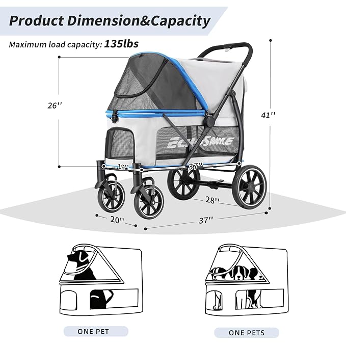 EchoSmile Dog Stroller for Large Dogs, 135lbs Weight Extra Large Pet Stroller, 4 Wheels Cats & Dogs Carrier with Brakes, Breathable Mesh Windows & Pocket, Blue