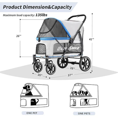 EchoSmile Dog Stroller for Large Dogs, 135lbs Weight Extra Large Pet Stroller, 4 Wheels Cats & Dogs Carrier with Brakes, Breathable Mesh Windows & Pocket, Blue
