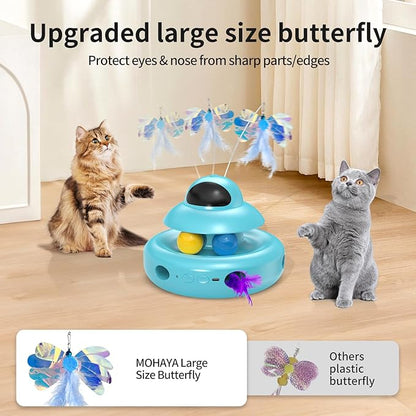 MOHAYA Cat Toys,4-in-1 Automatic Kitten Toy for Bored Indoor Adult Cats,lectric Flying Butterfly,Whack a Mole,Feather Track Balls,Blue