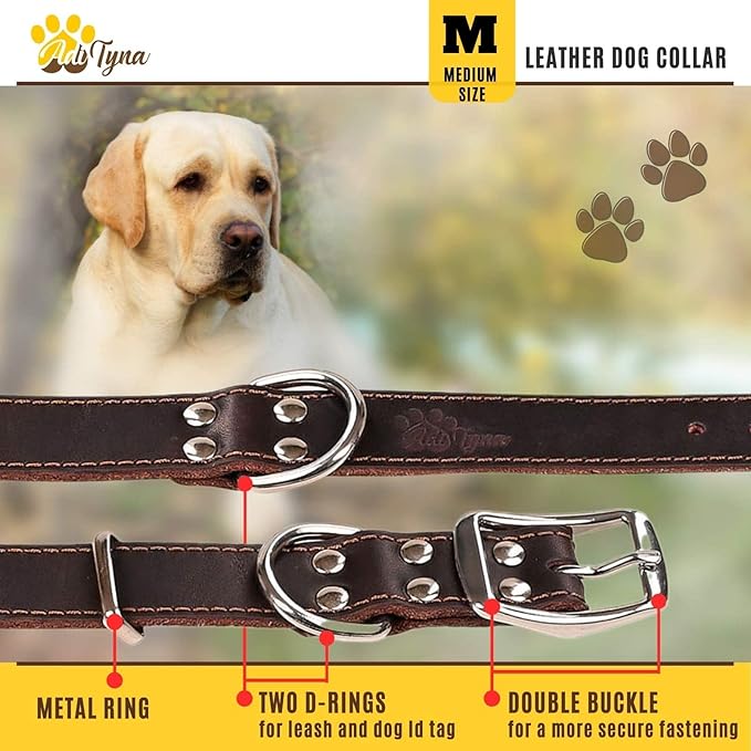 ADITYNA Heavy Duty Leather Dog Collar for Medium Dogs - Soft and Strong Collar for Walking, Training, Hiking, and Running (Medium: Fit 13" - 20" Neck, Brown)