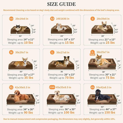 Comfort Expression Orthopedic Dog Bed for Extra Large Dogs 48x30 Inch, Waterproof Egg Crate Foam XXL Pet Bed with Removable Bolsters, Dog Couch with Washable Cover & Non-Slip Bottom, Brown