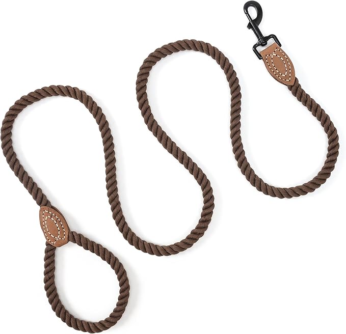 Mile High Life Dog Leash, Braided Cotton Rope Leashes with Leather Tip - Heavy Duty Metal Clasp, 5FT, 1/2" Thick - Wedding, Walking & Training Leash for Small Medium Large Dogs (Dark Brown)