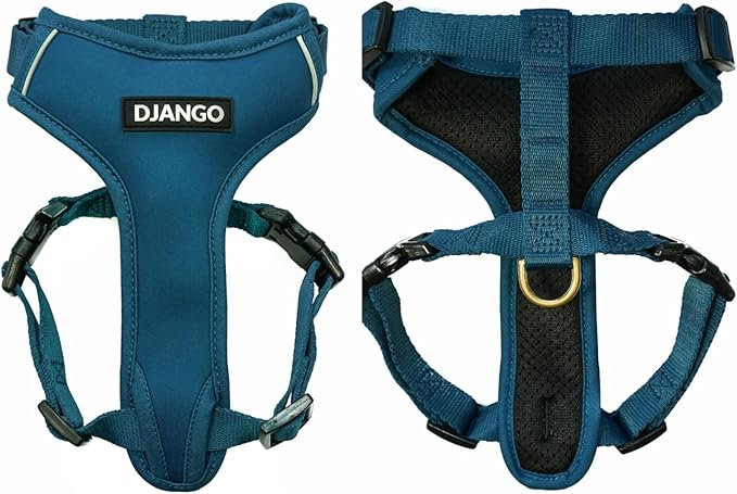DJANGO Adventure Dog Harness - Stylish and Durable Medium Dog Harness for Outdoor Adventures and Everyday Wear - Indigo Blue Neoprene Adjustable Harness for Dogs with Reflective Piping, Brass D-Ring