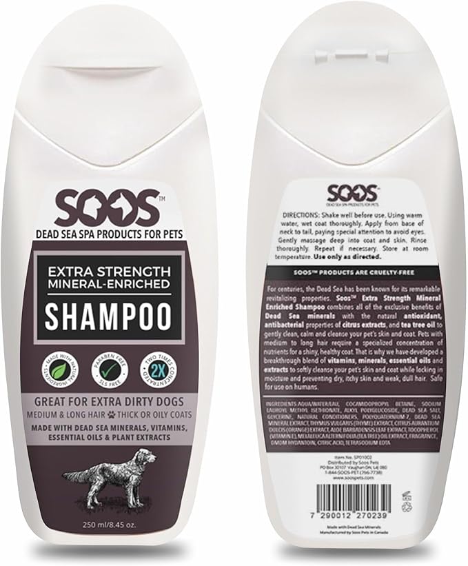 Soos Pets Shampoo Extra Strength for Cat and Dog Shampoo Natural Dead Sea Mineral Enriched Fast Absorbing with Vitamins Essential Oils Natural Ingredients Antib-acterial - 1x 250ml
