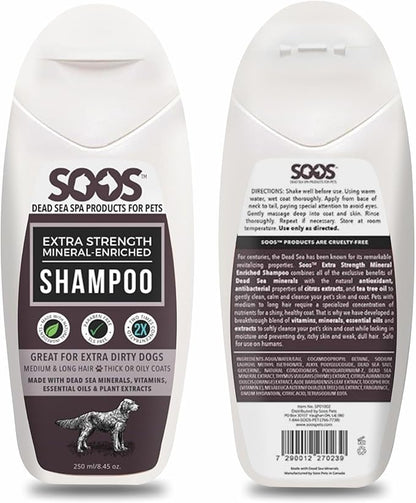 Soos Pets Shampoo Extra Strength for Cat and Dog Shampoo Natural Dead Sea Mineral Enriched Fast Absorbing with Vitamins Essential Oils Natural Ingredients Antib-acterial - 1x 250ml