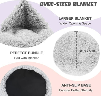 Himax Donut Dog Beds for Large Dogs with Blanket, Cozy Soft Fluffy Round Dogs Beds, Calming Dog Bed Washable (20"/26"/35") Light Grey