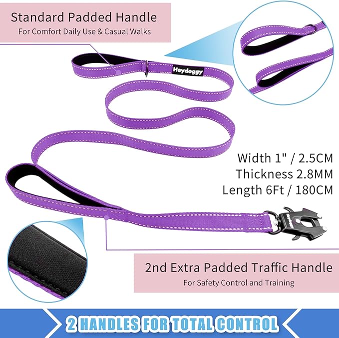 Strong Heavy Duty Dog Leash - 6ft Reflective Nylon Training Leash with Soft Padded Double Handle & Auto Lock Frog Clip, Safety Traffic Control for Large Medium Small Dogs No Pull Walking Purple,6ft