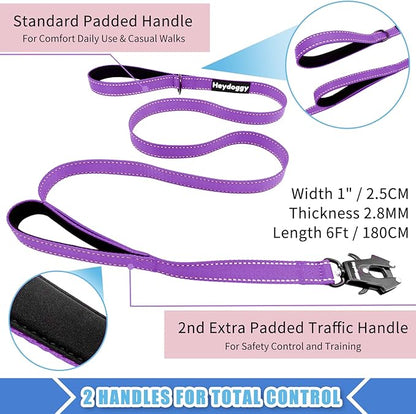 Strong Heavy Duty Dog Leash - 6ft Reflective Nylon Training Leash with Soft Padded Double Handle & Auto Lock Frog Clip, Safety Traffic Control for Large Medium Small Dogs No Pull Walking Purple,6ft
