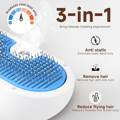 Pet Steam Brush for Dog & Cat - 3-in-1 Steam Grooming Brush for Shedding & Hair Removal - Pet comb leave-in serum with Mist for Long Haired Pets - Includes 2*Waterless Shampoo, Blue