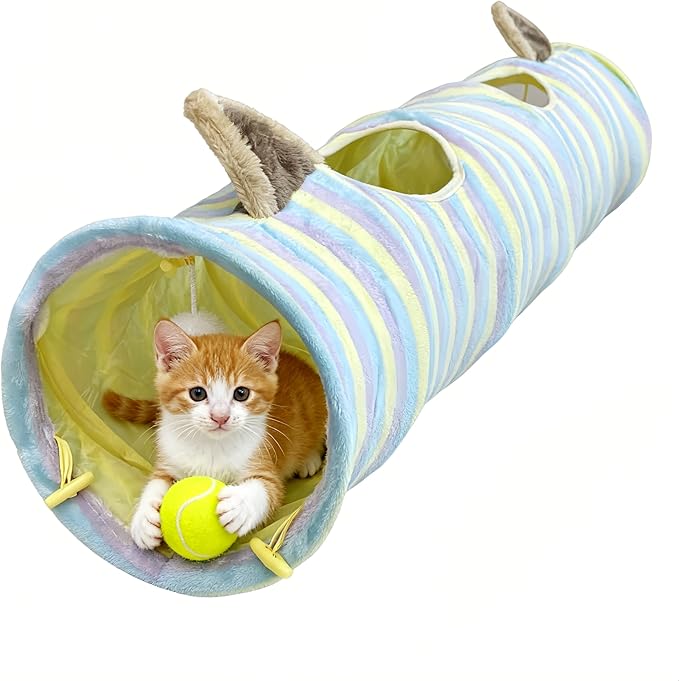 Cat Tunnel, 45" Cats Toys Collapsible Tunnel Straight Tube with a Fun Ball and 2 Holes, for Rabbits, Kittens, Ferrets, Puppy, Diameter 9.8 Inch