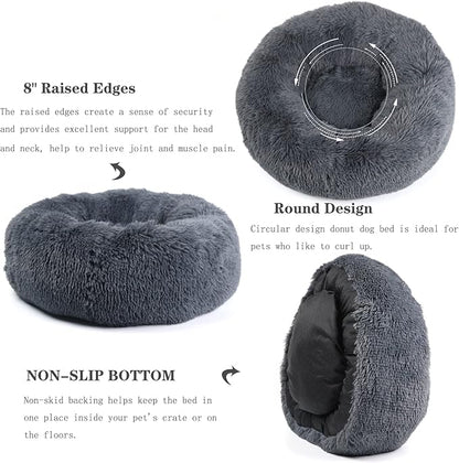 Calming Donut Dogs Beds for Medium Dogs up to 45 lb,30inch Anti-Slip Plush Round Dog Bed with Raised Rim,Fluffy Faux Fur Pet Bed for Cozy Sleep,Dark Grey