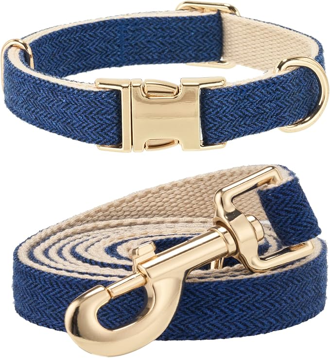 Soft Hemp Dog Collar and Leash Set Adjustable Woven Tweed Dog Collars with Metal Buckle and Lead for Small Medium Large Dogs,Royal Blue