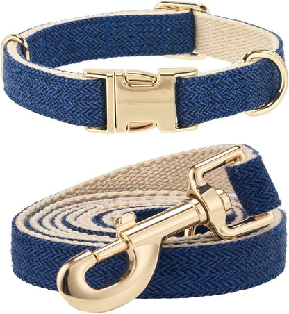 Soft Hemp Dog Collar and Leash Set Adjustable Woven Tweed Dog Collars with Metal Buckle and Lead for Small Medium Large Dogs,Royal Blue