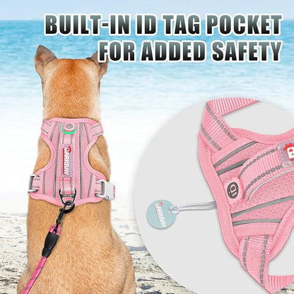 BARKBAY No Pull Dog Harness Large Reflective Dog Harness with Front Clip and Easy Control Handle for Walking Training Running with ID tag Pocket(Baby Pink,XS)