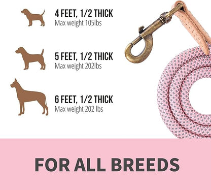 Mile High Life Dog Rope Leash 6 FT with Genuine Leather Tip, Reflective Rope Leash for Medium Large Dogs (Pink, 72 Inch)