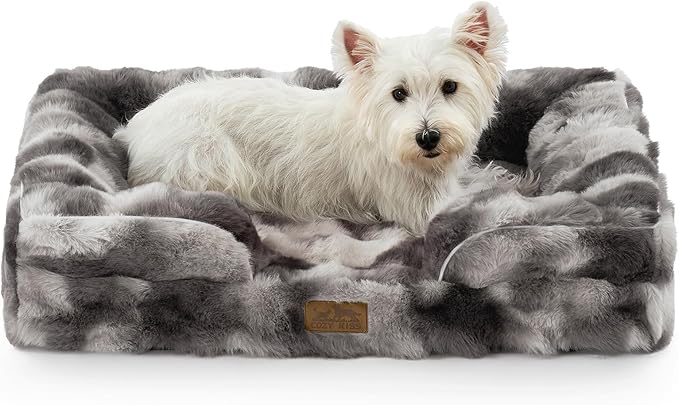 COZY KISS Orthopedic Dog Bed for Medium Small Size Dog, Soft and Warm Faux Fur Sofa for Pet Up to 40 lbs, Foam Bolster Anti-Slip Couch with Washable Removable Cover, M 30x20x6.5 inch, Tie Dye Grey