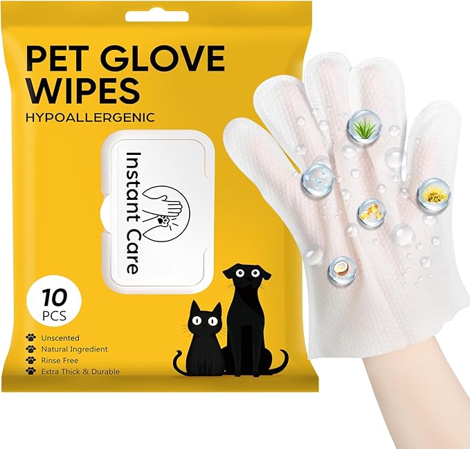 Pet Glove Wipes for Dogs Cats - Unscent Dog Washing Wipes & Waterless Cat Bathing Gloves Cleaning Deodorizing Grooming Wipe for Fur Paws Butt Face, Disposable Rinse Free Shampoo Mittens,10PCS
