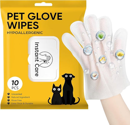 Pet Glove Wipes for Dogs Cats - Unscent Dog Washing Wipes & Waterless Cat Bathing Gloves Cleaning Deodorizing Grooming Wipe for Fur Paws Butt Face, Disposable Rinse Free Shampoo Mittens,10PCS