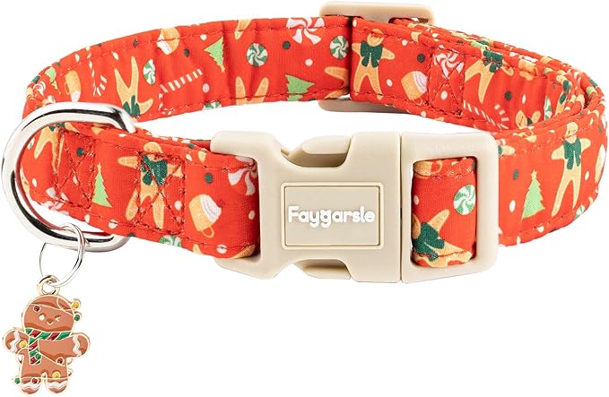 Faygarsle Christmas Dog Collar, Red Gingerbread Pattern, Plastic Buckle with Metal D-Ring, Holiday Pet Accessory, for Small Medium Large Dogs XS