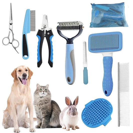 KUEIOX Dog Brush for Shedding,9 PCS in One Pet Slicker Hair Brush Kit with Pet Nail Clipper and File - Dog Cat Grooming Deshedding Undercoat Rake Brush Comb for All Small Large Dogs Cats Blue