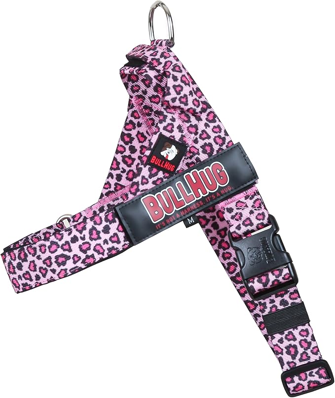 BULLHUG Adjustable Dog Harness– No Pull, No Choke – for English Bulldogs, French Bulldogs, Pugs & Broad-Chested Breeds – Easy, Safe Walks (Leopard Pink, Small)